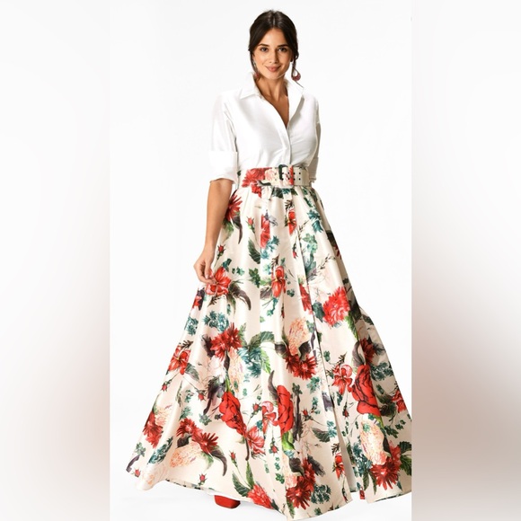 eShakti Floral Print Dupioni Maxi Shirtdress size Small - Picture 1 of 4